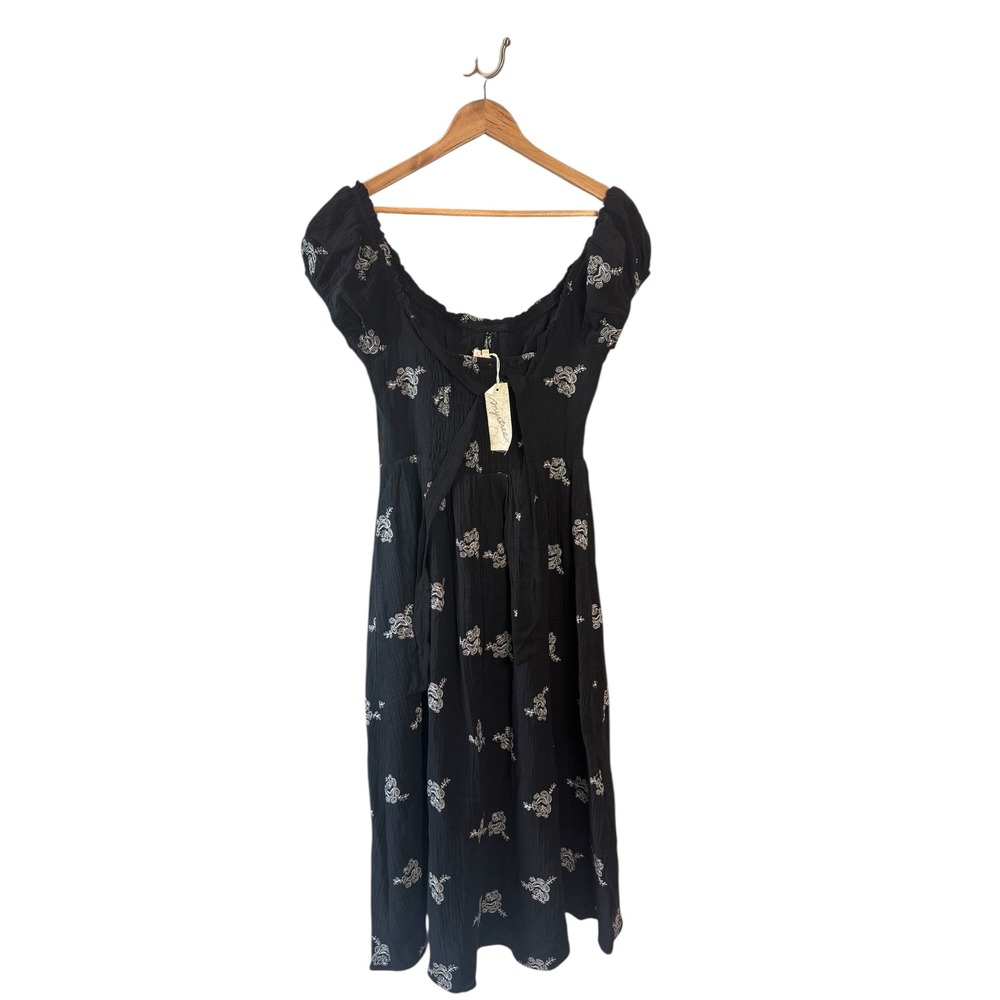 NWT Mytree Black 100% Cotton Embroidered Off Shoulder Midi Lined Dress Size S